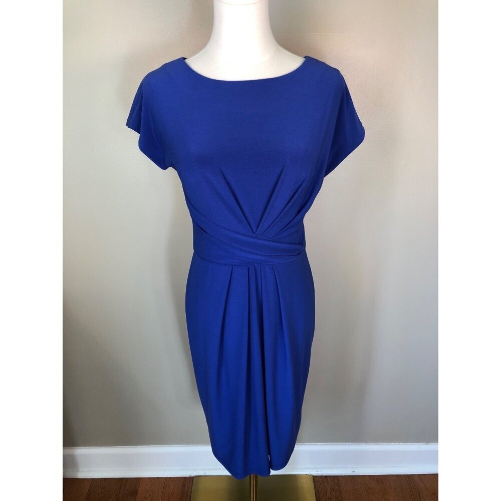 Adrianna Papell Elegant Royal Blue Cap Sleeve Dress Pleated Waist Detail Size 4